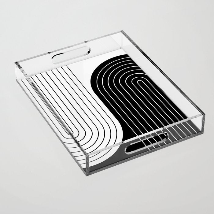 Two Tone Line Curvature VIII Black and White Modern Arch Abstract Acrylic Tray Gallery Image 1
