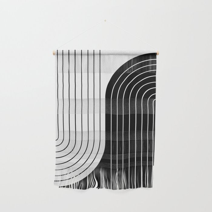 Two Tone Line Curvature VIII Black and White Modern Arch Abstract Wall Hanging Gallery Image 1