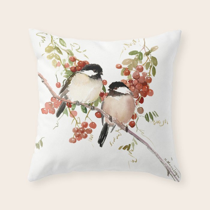 Chickadee Bird Vintage Bird Artwork, two birds, chickadees woodland design Throw Pillow Gallery Image 6