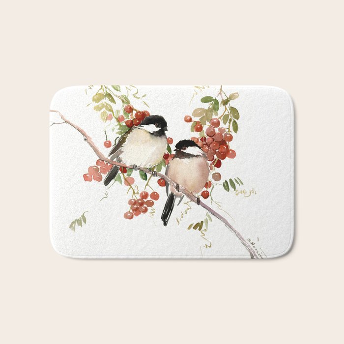 Chickadee Bird Vintage Bird Artwork, two birds, chickadees woodland design Bath Mat Gallery Image 1