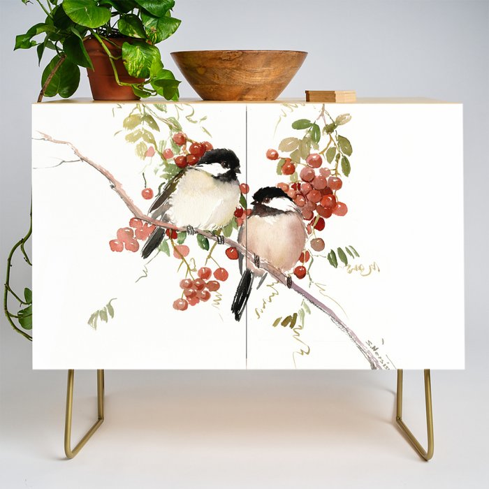 Chickadee Bird Vintage Bird Artwork, two birds, chickadees woodland design Credenza Gallery Image 1