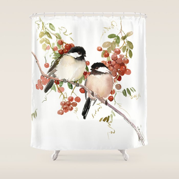 Chickadee Bird Vintage Bird Artwork, two birds, chickadees woodland design Shower Curtain Gallery Image 1