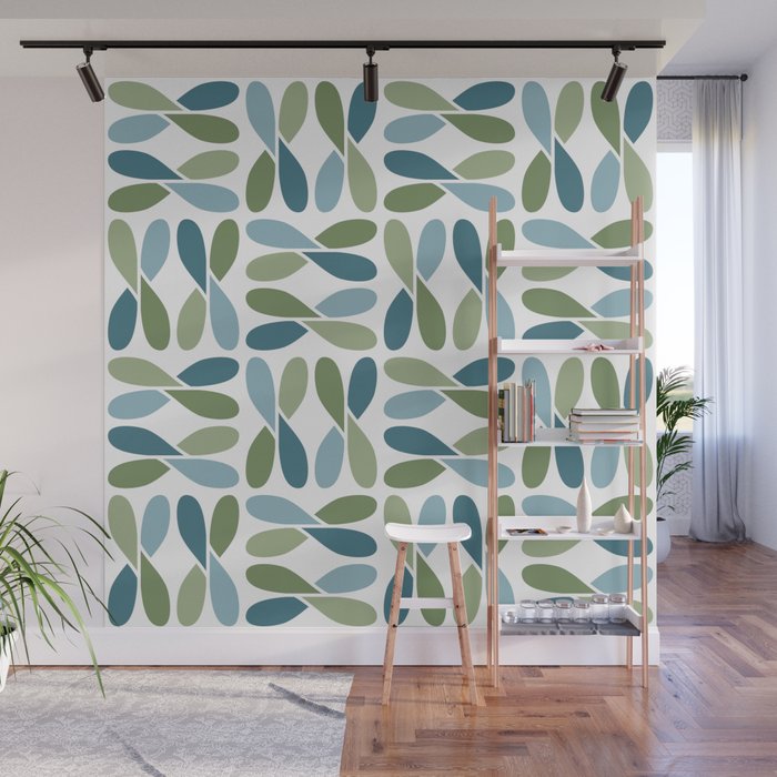 Retro Mid Century Modern Abstract Leaf Pattern Teal Blue Dill Green Wall Mural Gallery Image 1