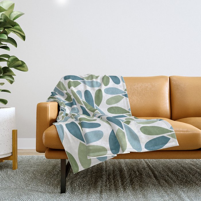Retro Mid Century Modern Abstract Leaf Pattern Teal Blue Dill Green Throw Blanket Gallery Image 1