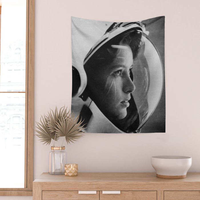 NASA Astronaut, Anna Fisher, black and white photograph Wall Tapestry Gallery Image 2