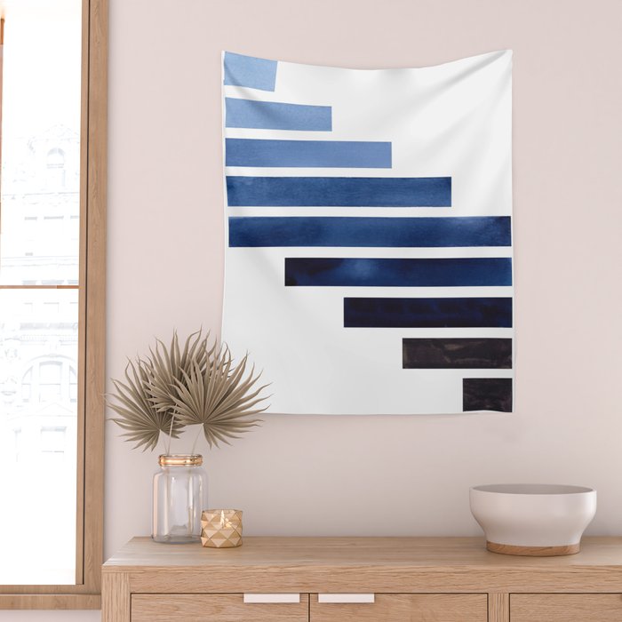 Navy Purple Blue Midcentury Modern Minimalist Staggered Stripes Rectangle Geometric Aztec Pattern Wa Wall Tapestry Gallery Image 2
