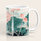 Japanese Wall Art Floral Lotus Painting Pink Pastel Green botanical Wabi Sabi Flower Poster Coffee Mug Gallery Image 1