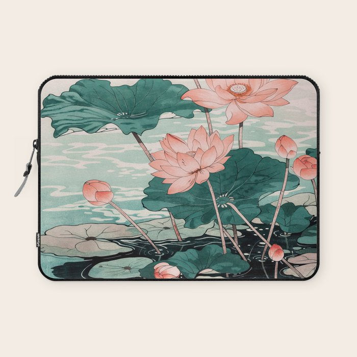 Japanese Wall Art Floral Lotus Painting Pink Pastel Green botanical Wabi Sabi Flower Poster Laptop Sleeve Gallery Image 1