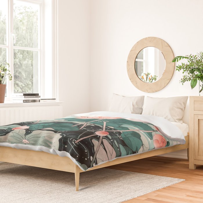 Japanese Wall Art Floral Lotus Painting Pink Pastel Green botanical Wabi Sabi Flower Poster Duvet Cover Gallery Image 2