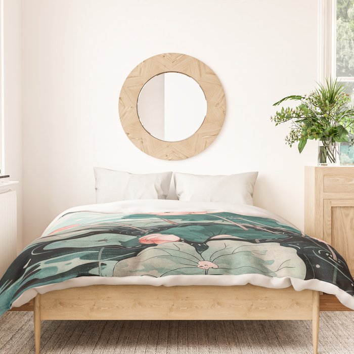 Japanese Wall Art Floral Lotus Painting Pink Pastel Green botanical Wabi Sabi Flower Poster Duvet Cover Gallery Image 3