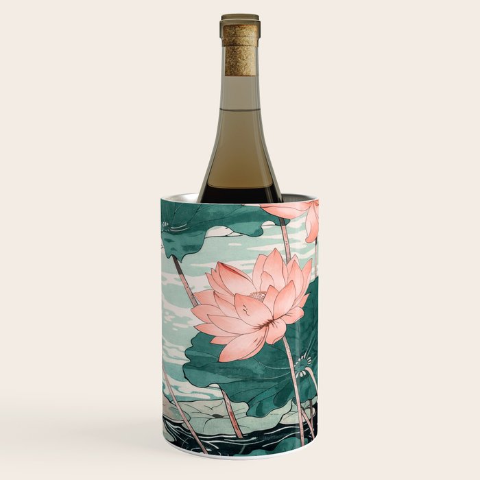 Japanese Wall Art Floral Lotus Painting Pink Pastel Green botanical Wabi Sabi Flower Poster Wine Chiller Gallery Image 1