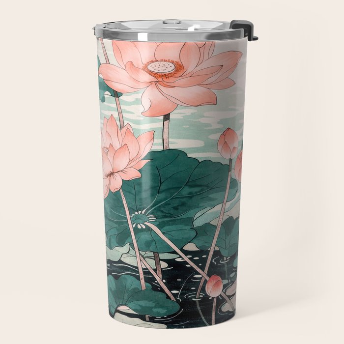 Japanese Wall Art Floral Lotus Painting Pink Pastel Green botanical Wabi Sabi Flower Poster Travel Mug Gallery Image 2