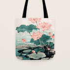 Japanese Wall Art Floral Lotus Painting Pink Pastel Green botanical Wabi Sabi Flower Poster Tote Bag Gallery Image 1