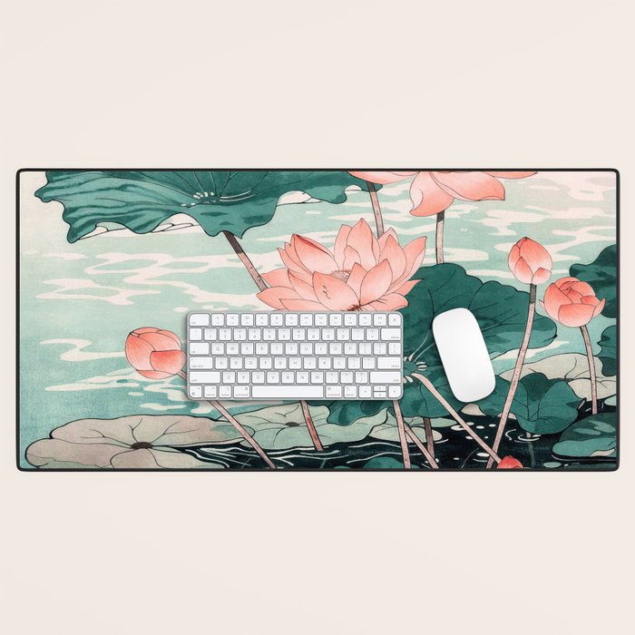 Japanese Wall Art Floral Lotus Painting Pink Pastel Green botanical Wabi Sabi Flower Poster Desk Mat Gallery Image 1