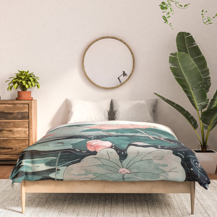 Japanese Wall Art Floral Lotus Painting Pink Pastel Green botanical Wabi Sabi Flower Poster Comforter Gallery Image 3