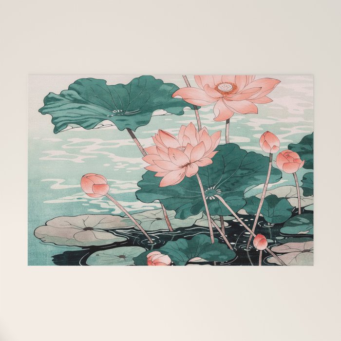 Japanese Wall Art Floral Lotus Painting Pink Pastel Green botanical Wabi Sabi Flower Poster Welcome Mat Gallery Image 1