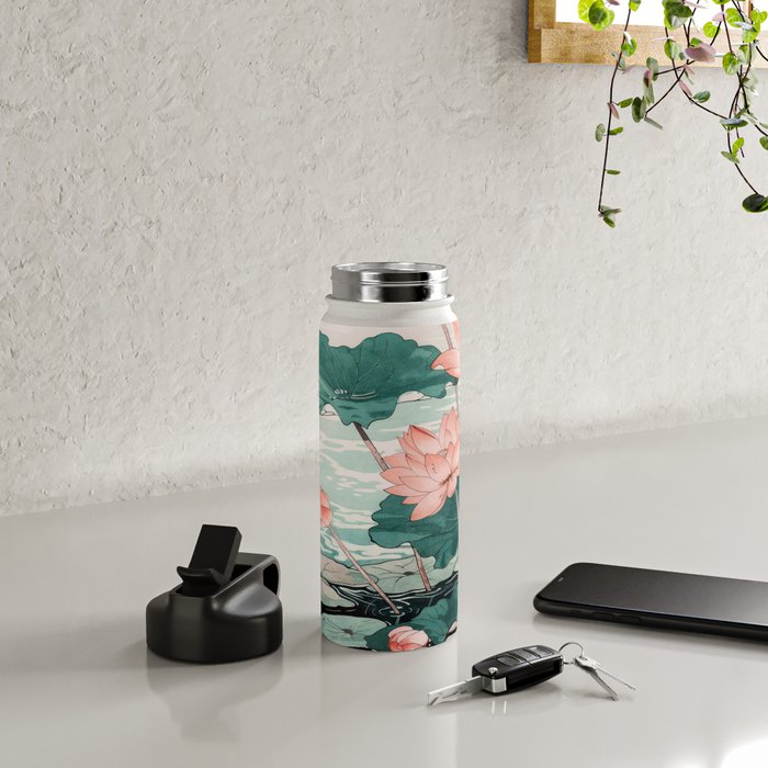 Japanese Wall Art Floral Lotus Painting Pink Pastel Green botanical Wabi Sabi Flower Poster Water Bottle Gallery Image 4