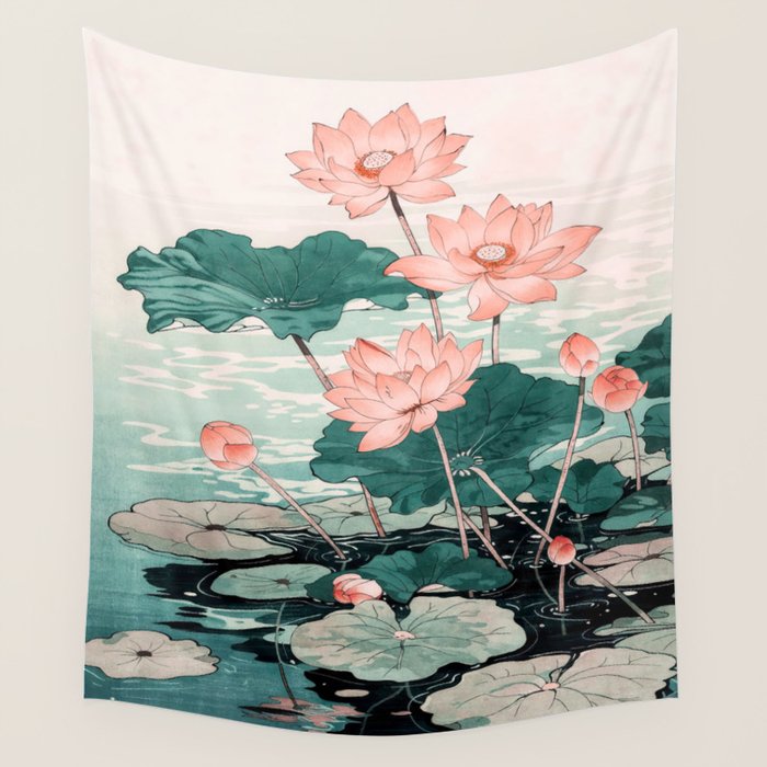Japanese Wall Art Floral Lotus Painting Pink Pastel Green botanical Wabi Sabi Flower Poster Wall Tapestry Gallery Image 1