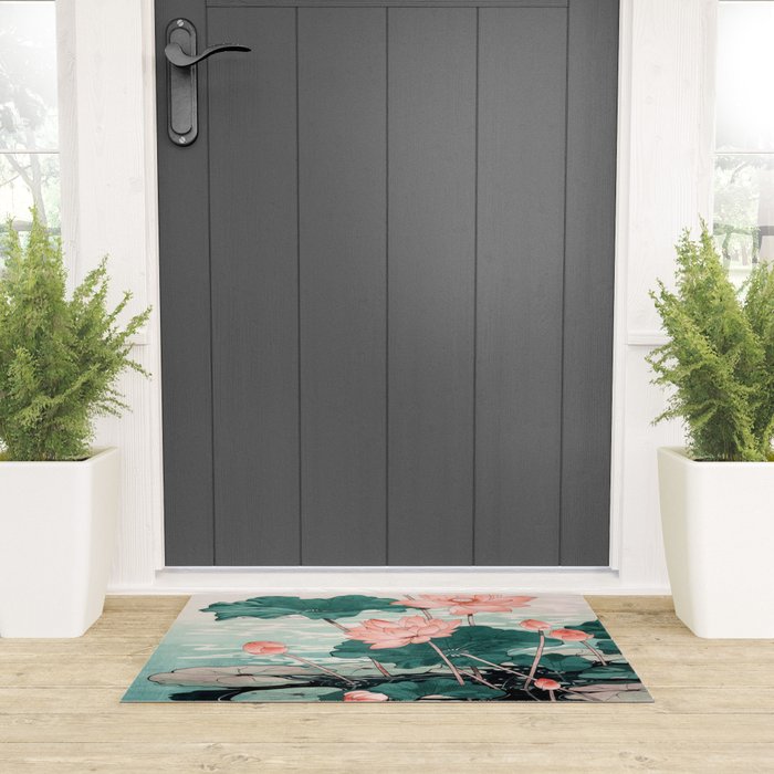 Japanese Wall Art Floral Lotus Painting Pink Pastel Green botanical Wabi Sabi Flower Poster Welcome Mat Gallery Image 3