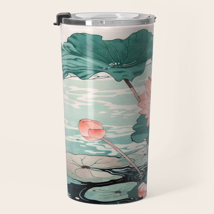 Japanese Wall Art Floral Lotus Painting Pink Pastel Green botanical Wabi Sabi Flower Poster Travel Mug Gallery Image 3