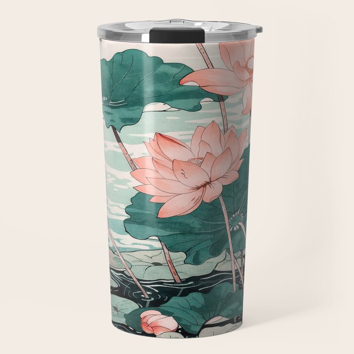 Japanese Wall Art Floral Lotus Painting Pink Pastel Green botanical Wabi Sabi Flower Poster Travel Mug Gallery Image 1