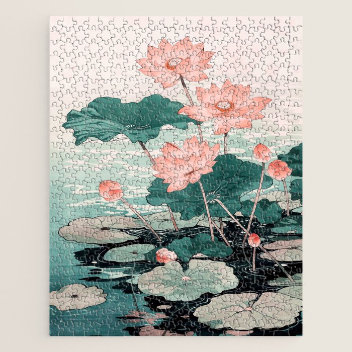 Japanese Wall Art Floral Lotus Painting Pink Pastel Green botanical Wabi Sabi Flower Poster Jigsaw Puzzle Gallery Image 1