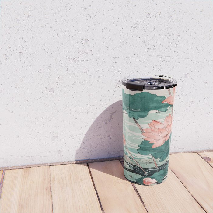 Japanese Wall Art Floral Lotus Painting Pink Pastel Green botanical Wabi Sabi Flower Poster Travel Mug Gallery Image 4
