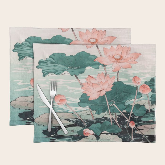 Japanese Wall Art Floral Lotus Painting Pink Pastel Green botanical Wabi Sabi Flower Poster Placemat Gallery Image 1