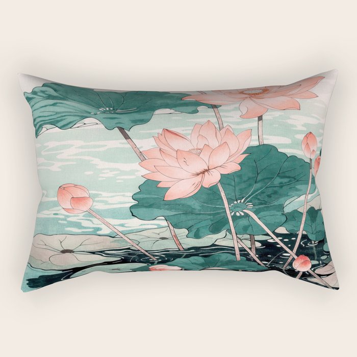 Japanese Wall Art Floral Lotus Painting Pink Pastel Green botanical Wabi Sabi Flower Poster Rectangular Pillow Gallery Image 1