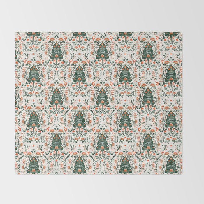 Nordic Christmas tree with red flowers and Scandinavian ornaments  Throw Blanket Gallery Image 2