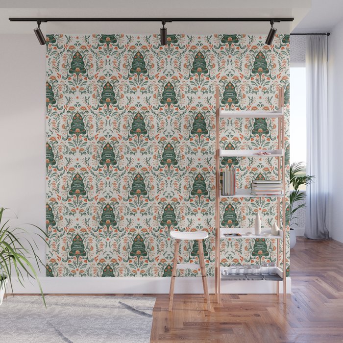 Nordic Christmas tree with red flowers and Scandinavian ornaments  Wall Mural Gallery Image 1