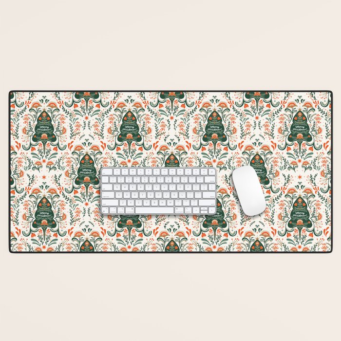 Nordic Christmas tree with red flowers and Scandinavian ornaments  Desk Mat Gallery Image 1