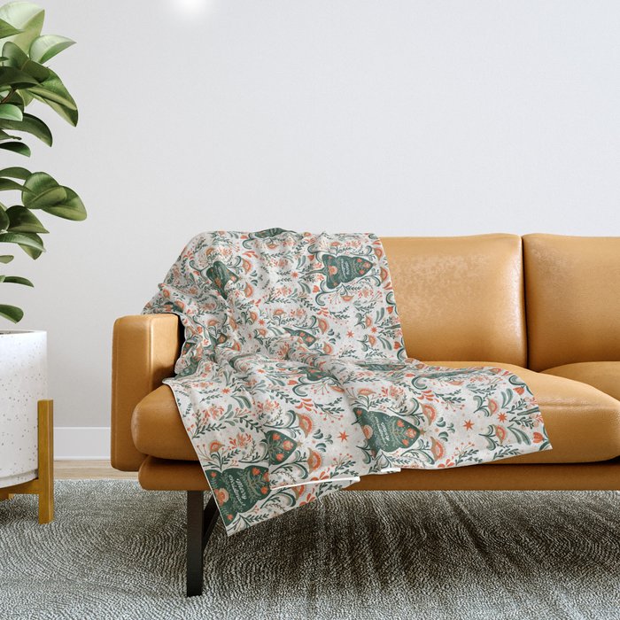 Nordic Christmas tree with red flowers and Scandinavian ornaments  Throw Blanket Gallery Image 1