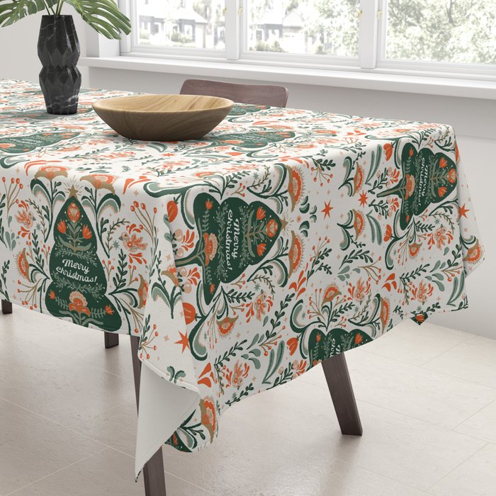 Nordic Christmas tree with red flowers and Scandinavian ornaments  Tablecloth Gallery Image 3