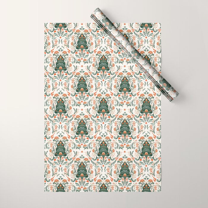 Nordic Christmas tree with red flowers and Scandinavian ornaments  Wrapping Paper Gallery Image 1