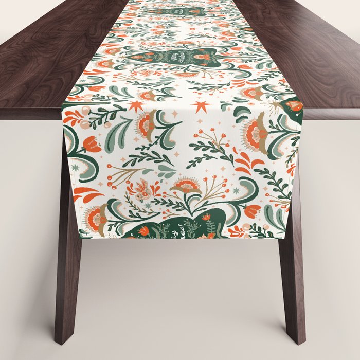 Nordic Christmas tree with red flowers and Scandinavian ornaments  Table Runner Gallery Image 1