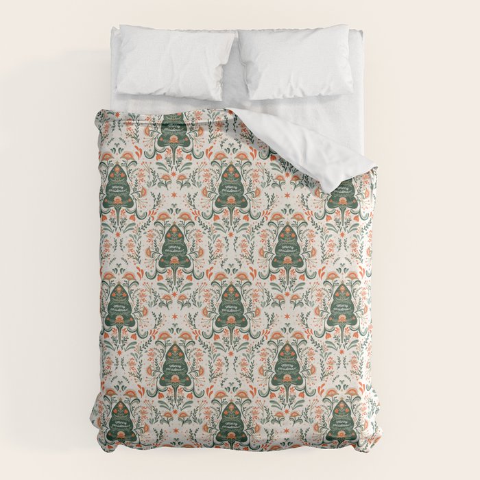 Nordic Christmas tree with red flowers and Scandinavian ornaments  Duvet Cover Gallery Image 1
