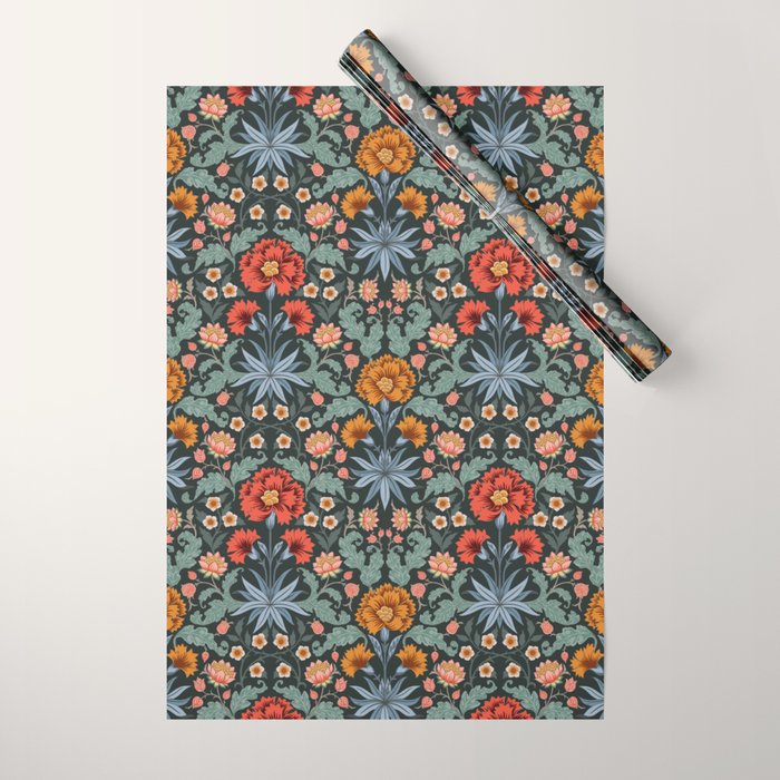 Victorian Carnation in Moody Red and Blue Wrapping Paper Gallery Image 1