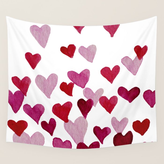 Valentine's Day Watercolor Hearts - pink Wall Tapestry Gallery Image 1