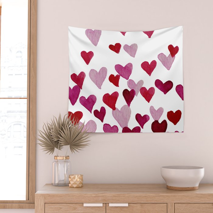 Valentine's Day Watercolor Hearts - pink Wall Tapestry Gallery Image 2