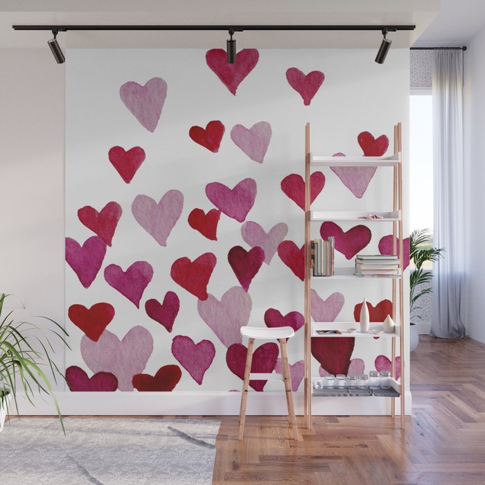 Valentine's Day Watercolor Hearts - pink Wall Mural Gallery Image 1