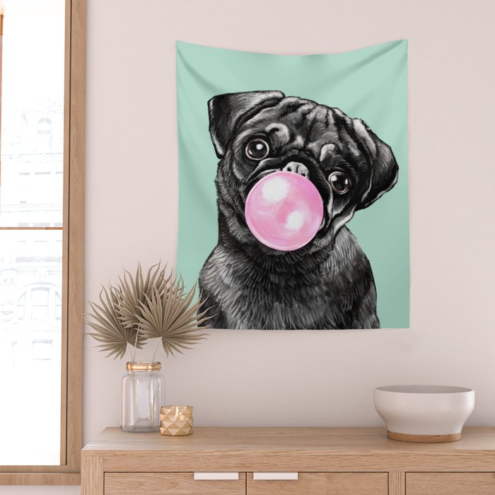 Bubble Gum Black Pug in Green Wall Tapestry Gallery Image 2