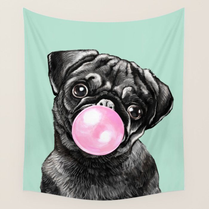 Bubble Gum Black Pug in Green Wall Tapestry Gallery Image 1