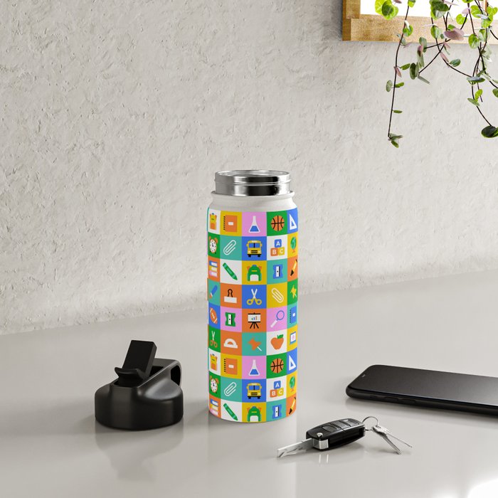 Fun colorful back to school mosaic pattern Water Bottle Gallery Image 4