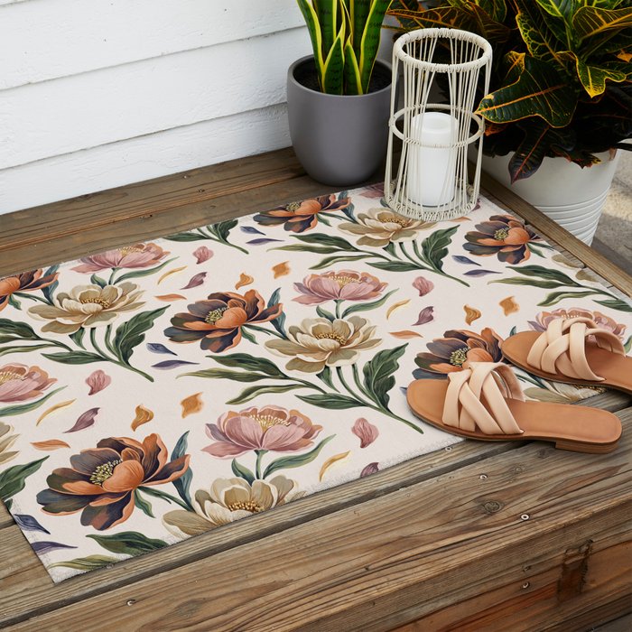 Hand Painted Peony Florals Outdoor Rug Gallery Image 2
