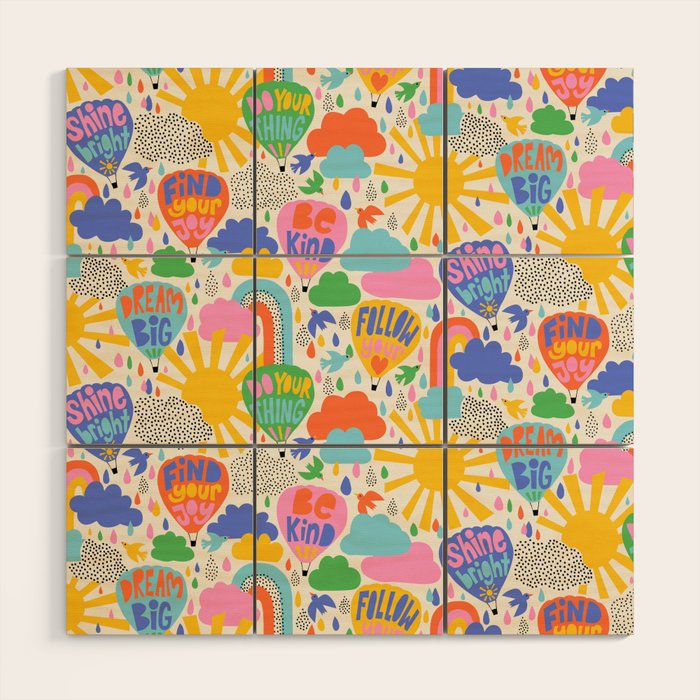 Hot Air Balloons In The Sky - Happy Kids Pattern with Positive Quotes Wood Wall Art Gallery Image 1