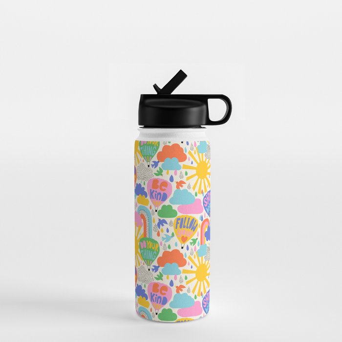 Hot Air Balloons In The Sky - Happy Kids Pattern with Positive Quotes Water Bottle Gallery Image 1