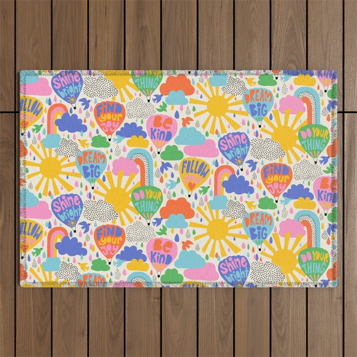 Hot Air Balloons In The Sky - Happy Kids Pattern with Positive Quotes Outdoor Rug Gallery Image 1