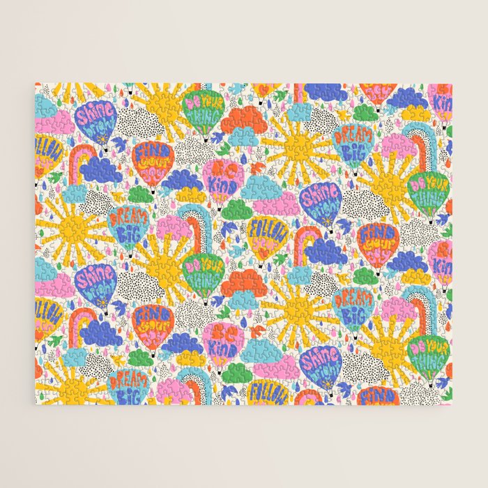 Hot Air Balloons In The Sky - Happy Kids Pattern with Positive Quotes Jigsaw Puzzle Gallery Image 2