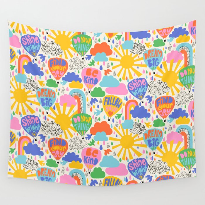 Hot Air Balloons In The Sky - Happy Kids Pattern with Positive Quotes Wall Tapestry Gallery Image 1